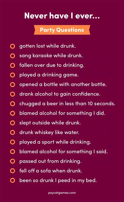 Never have I ever Party questions.